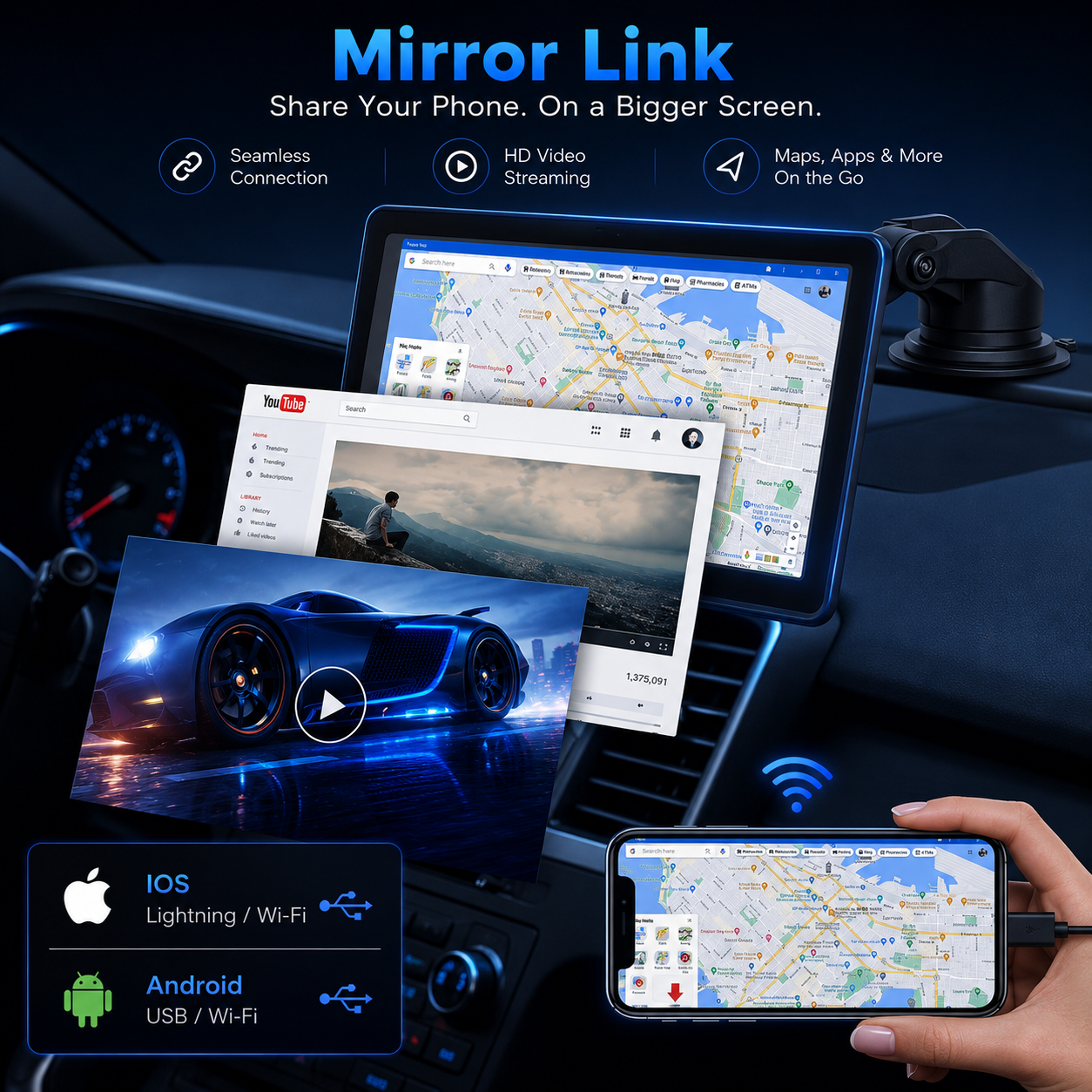 Wireless Apple CarPlay Screen for Cars Portable Touchscreen Dashboard
