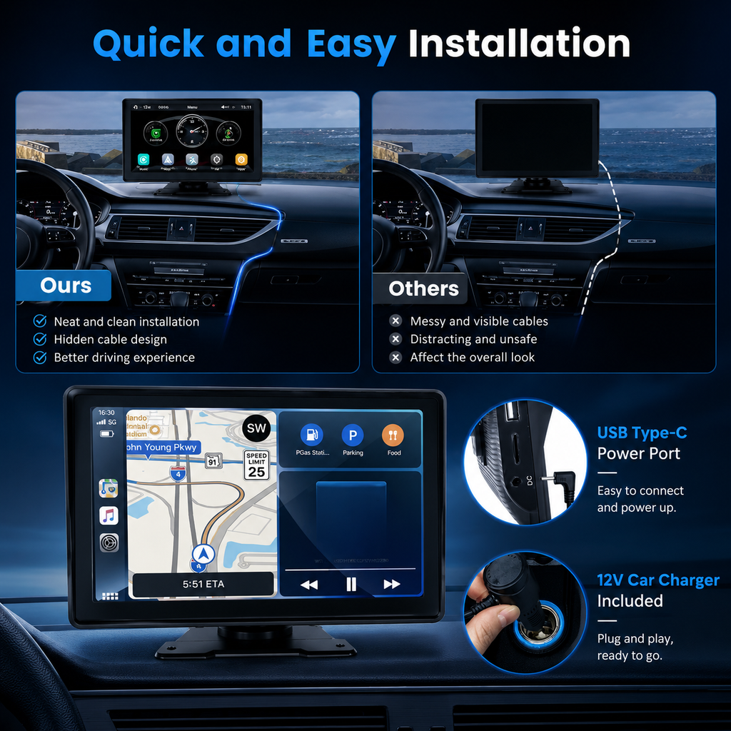 Wireless Apple CarPlay Screen for Cars Portable Touchscreen Dashboard