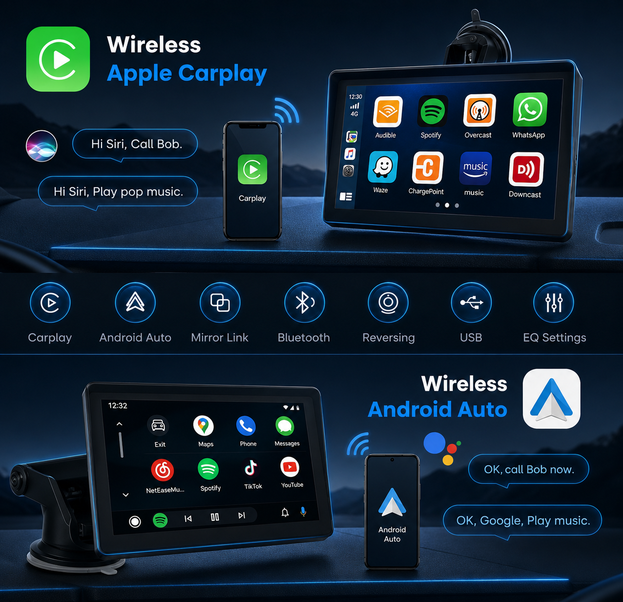 Wireless Apple CarPlay Screen for Cars Portable Touchscreen Dashboard